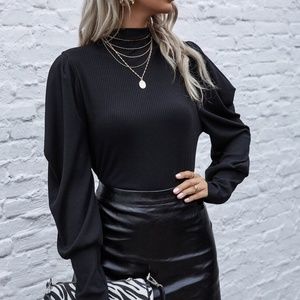 black mock neck ribbed long sleeve top classic